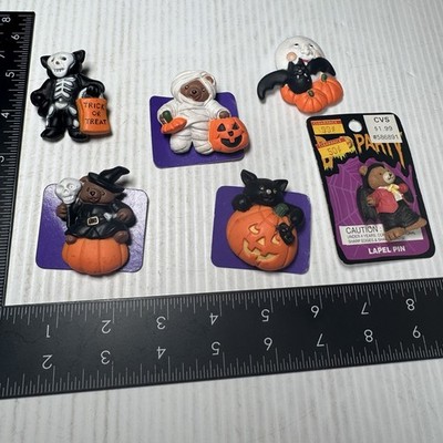 VTG 5 Pins Jewelry Lot Halloween Witch Mummy Black Cat Jack O Lantern Pumpkins