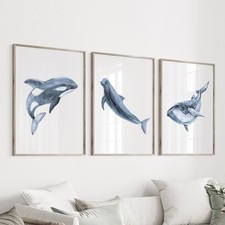 Orca Whale Wall Art Set Of 3, Blue Coastal Prints For Beach House Wall Art