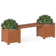 Wood Planter Box with Bench Open-Ended Base & Teak Oil Finish for Flowerpots
