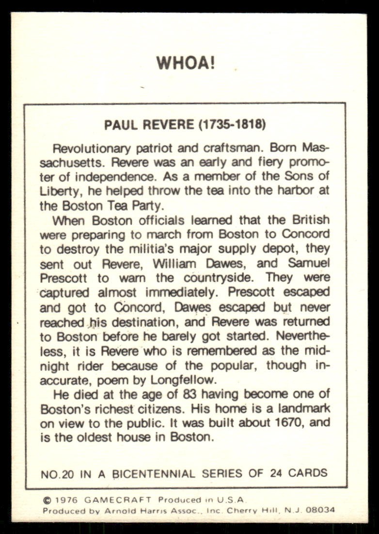 Paul Revere 1976 History Bicentennial Daze Card #20 (NM) | eBay