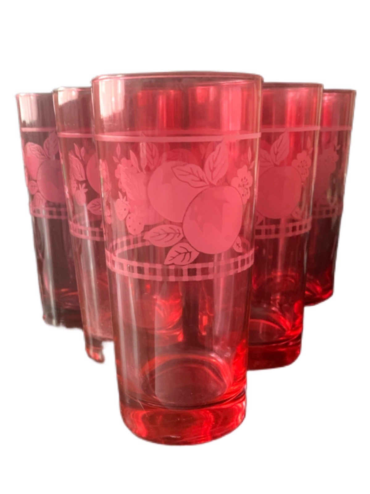 Vintage Pfaltzgraff Libbey Cranberry Tumbler Glasses Etched Lot of 6