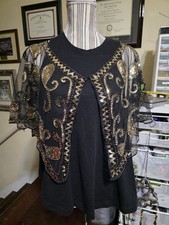 NWOT Sheer Black and Gold Sequins Collar Shoulder Shrug Shawl Applique