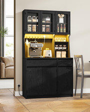 Kitchen Pantry Cabinet Tall Storage Cupboard LED Power Outlet Drawers Shelves