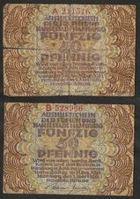 2 x Hamburg, Aushilfsschein, 2 x 50 Pfg. Serie A + B, Erhaltung s. Bilder (A0)