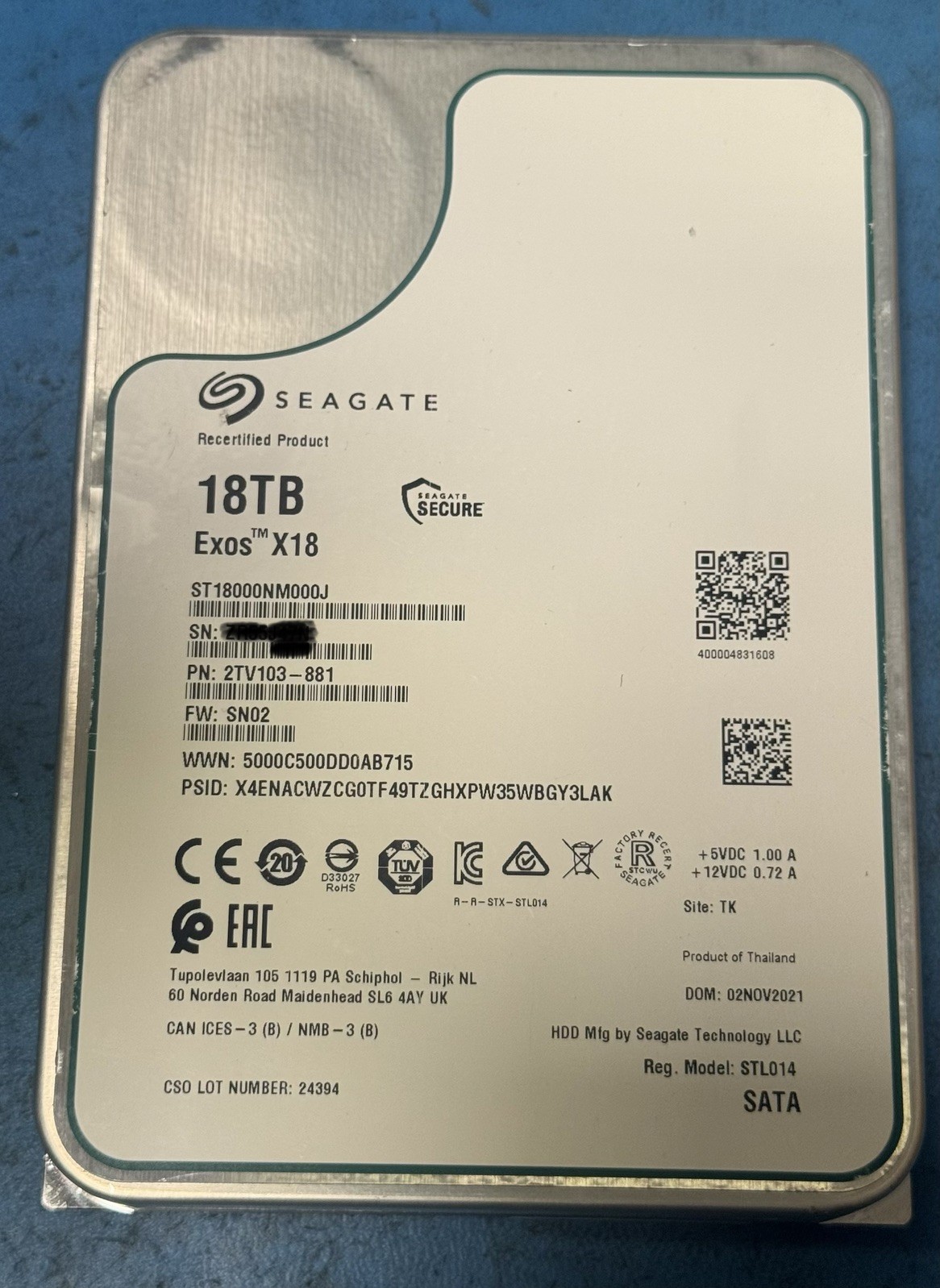 Seagate Exos X18 18TB ST18000NM000J 7.2K RPM SATA 6Gb/s 3.5