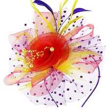 Fascinators Hat Flower Mesh Ribbons One Size 7" Diameter/ Red Purple Yellow
