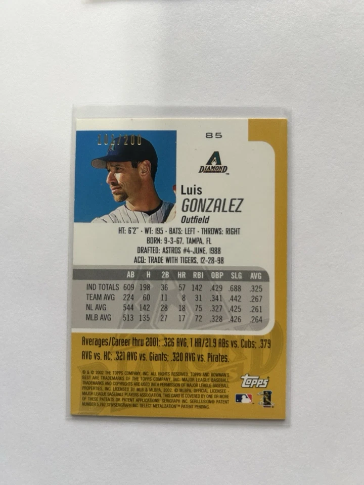 LUIS GONZALEZ 2002 BOWMANS BEST RED REFRACTOR /200 #85 - Diamondbacks - Image 2 of 2
