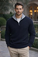 L.L. Bean Men's Double-Knit Quarter-Zip Pullover Size M Blue Long Sleeve Sweater