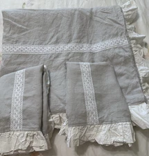 Linen Duvet Queen Farmhouse Shabby Cottage Crochet Lace  Ruffled +Shams  -Flaw