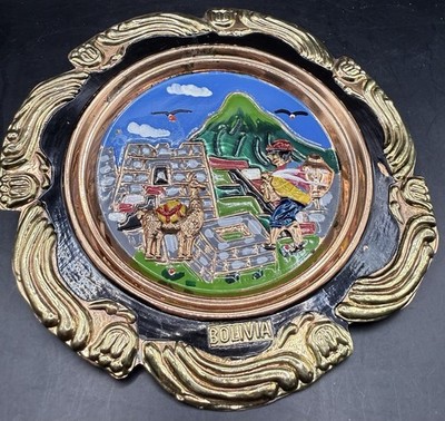 VTG Bolivia Embossed Metal Souvenir Plate 7.5  Llama Andean Scene Hand Painted