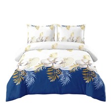 3 Piece Duvet Cover Set, US Designer Navy Blue And Gold Tropical Floral