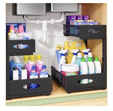 Under Sink Organizer Storage 2 Pack, 2 Tier Slide Out Height Adjustable Pull Out