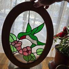 Vintage Stained Glass Hummingbird Flower Decor Oval 14" X 10" X 1" Thick Wood
