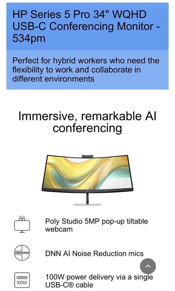 HP Series 5 Pro 34 inch WQHD USB-C Curved Conferencing Monitor - 534pm - Image 4 of 4