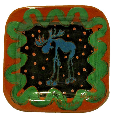 Vintage 98'Blue Moose Clay Co. Red Terracotta Pottery Dish Folk Art Plate B2
