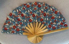 Fan Thai Folding Blue Flowers Hand Bamboo Thailand Decor                         16