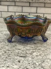 Fenton BLUE Butterfly & Berry Carnival Glass Footed Berry Bowl 9.25" D  EUC