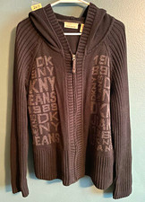 DKNY Jeans Womens Black Full Zip Hooded Rib-Knit Logo Sweater XL