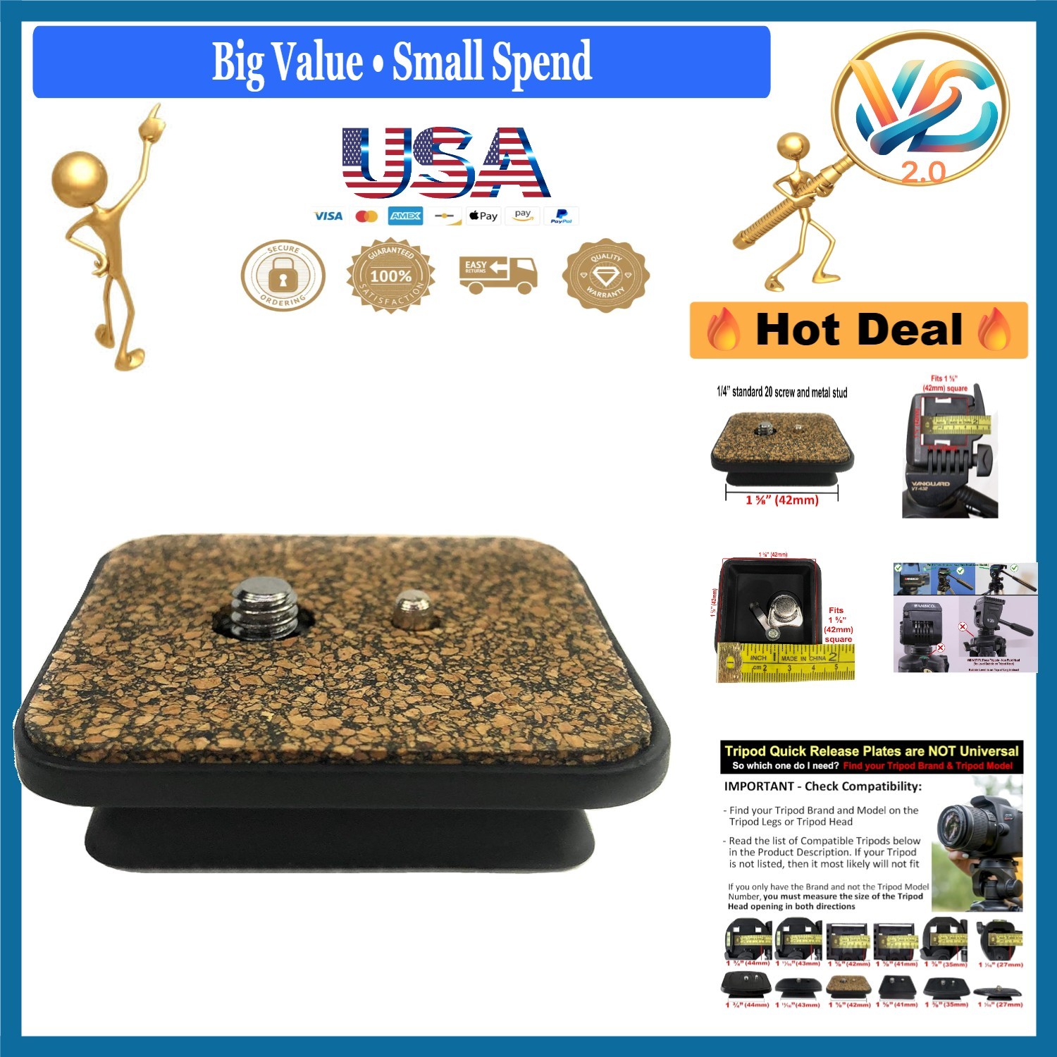 42mm Tripod Quick Release Plate for Ambico, Promaster, Vivitar, Velbon Tripods