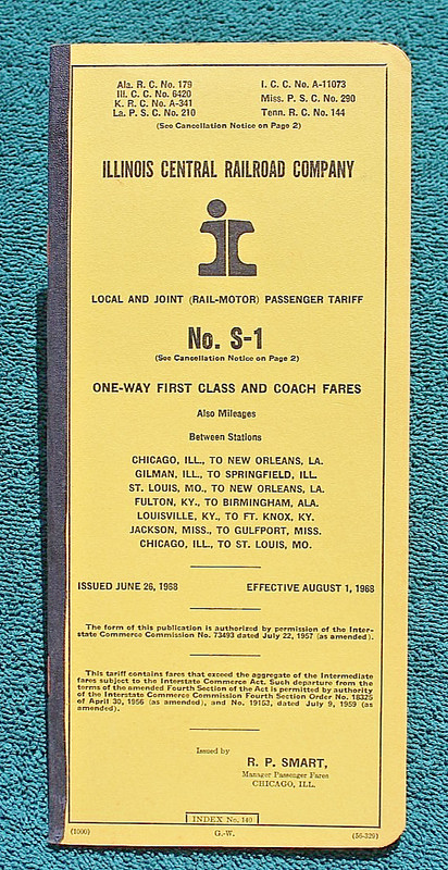 1968 Illinois Central Railroad Fares ICRR Railway Passenger Tariff First Class