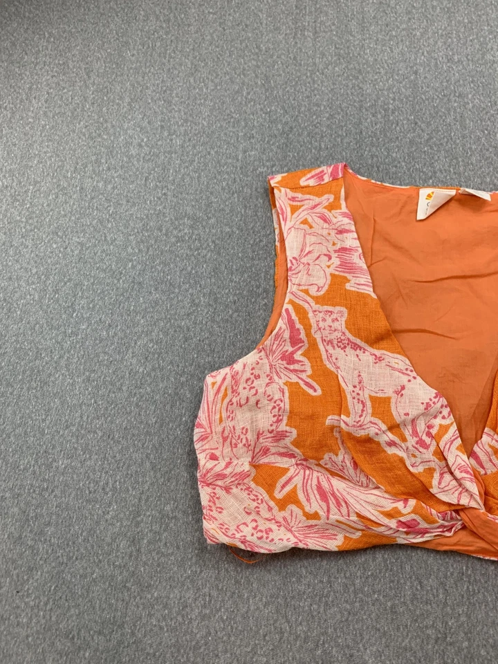 C&C California Crop Top Womens Medium Orange Pink Linen Floral Cat Print Tank - Image 3 of 4