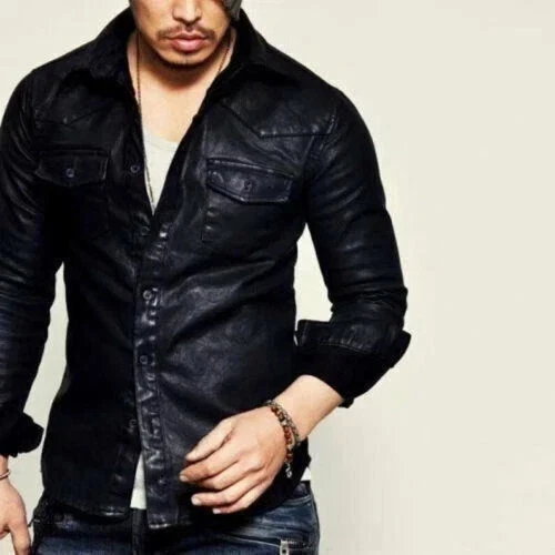 Men's Black Lambskin Leather Biker Shirt  Slim Fit Casual Style Genuine Lambskin - Image 2 of 4