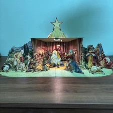 Antique 1960 Whitman Pub. Christmas MANGER SCENE 17pc Heavy Card Stock 26” Long
