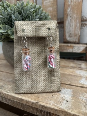 Handmade Polymer Clay Mini Candy Cane Jar Earrings Set NEW!