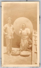 Vtg B&W Snapshot Man & Woman In Traditional Dress Parasol Fruit Baskets 1920s