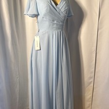 LAVETIR Sky Blue V-Neck Flutter Sleeve Chiffon A-Line Bridesmaid Dress