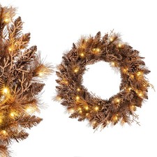 24" Pre-lit Christmas Wreath Front Door Artificial Xmas Wreath w/105 Branch Tips
