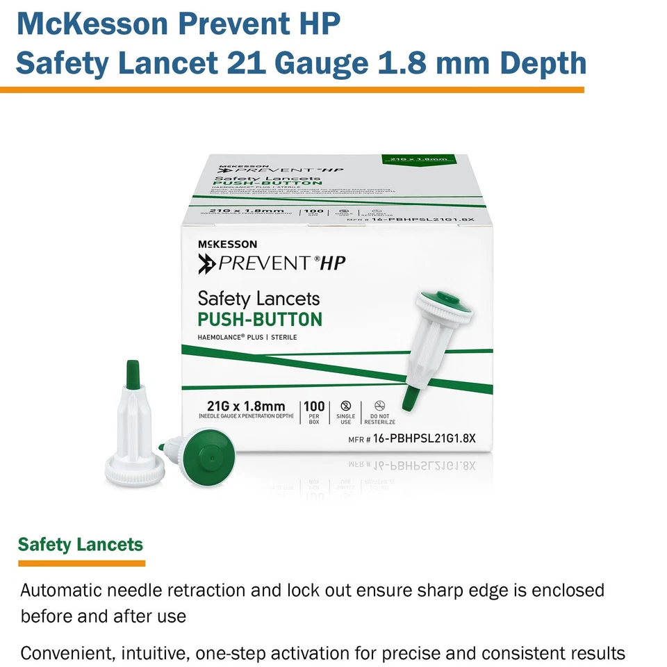 McKesson Prevent HP Safety Lancet calibre 21 1,8 mm profundidad 20 caja(s) 100/caja Foto 2 de 4