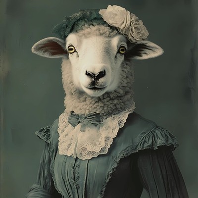 Lady Sheep im viktorianischen Outfit, komplett mit Spitzenmieder und