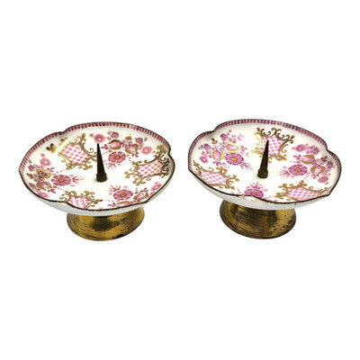 Pair Vtg Austrian Footed Porcelain Spike Candle Dishes Pink Gold Floral Austria