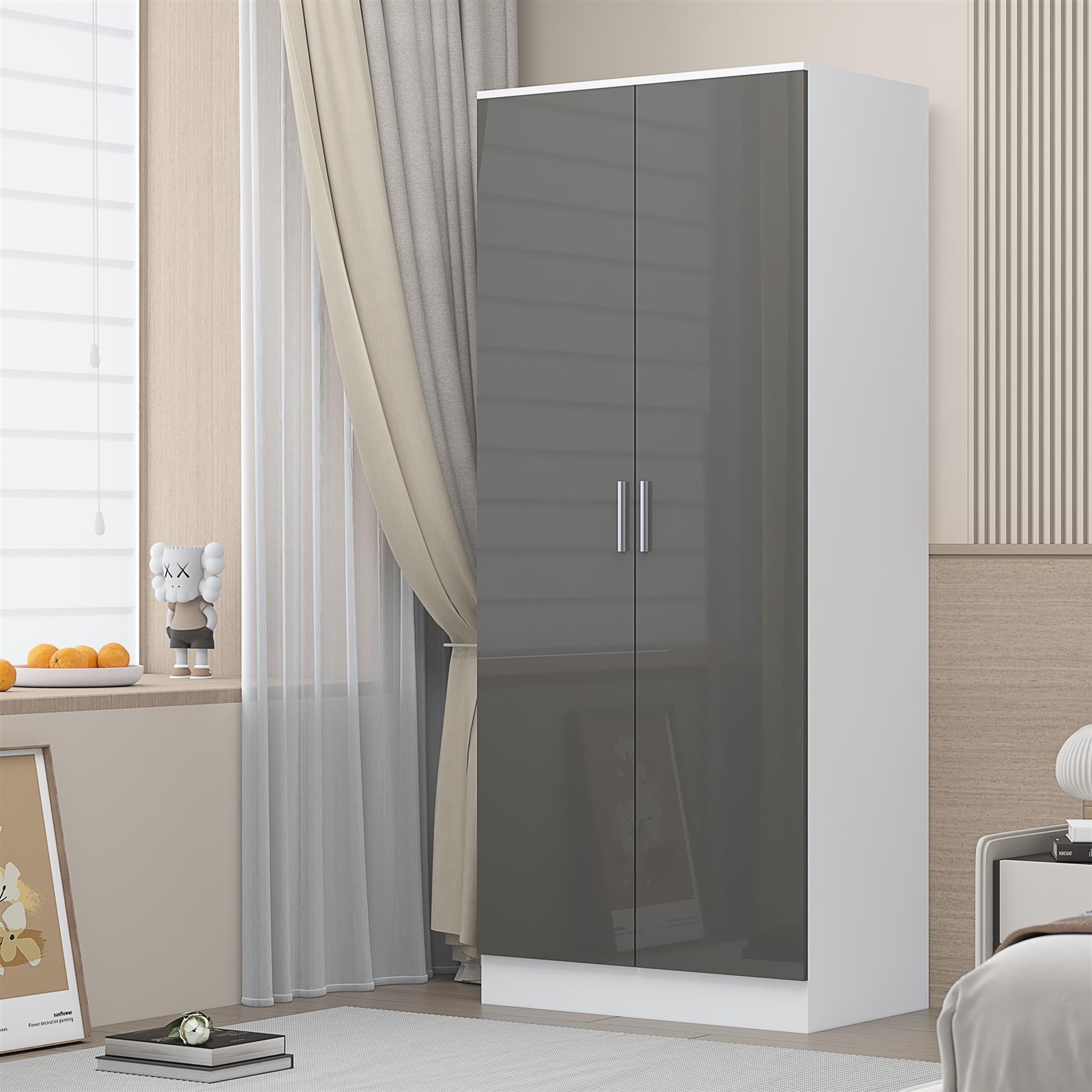 REFLECT 2 Door Plain Wardrobe - Grey Gloss Fronts & White Matt Carcass