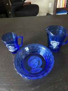 Shirley Temple 1930's 3pc Cobalt Blue Vintage Set Cereal Bowl Pitcher & Glass