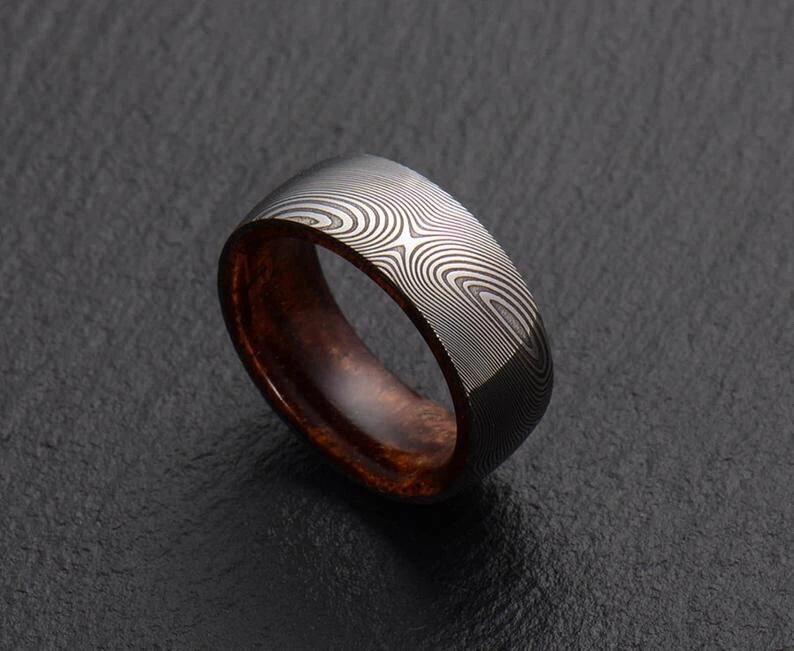 Custom Handmade Damascus Steel Ring Beautiful Blue Wood Filled Ring Band