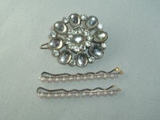 VINTAGE CLEAR LUCITE GEM METAL BARRETTE  BEADED BOBBY PINS UP DO HAIR ACCESSORY