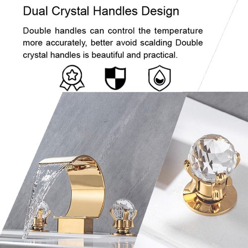 Brushed Gold Bathroom Sink Faucet Waterfall 3 Hole Widespread Basin Mixer Tap - Bild 5 von 15