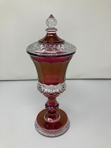 Diamond Point Pedestal Candy Dish Ruby and Clear Glass with LID 13 inches tall