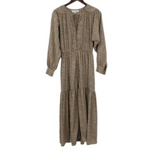 Sweet Baby Jamie Ditsy Shirt Dress Women Size XS Tan Blue Speckled Tiered Ruched