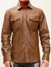 100 Lambskin Leather Real Handmade Men Casual Stylish Brown Shirt Party Formal