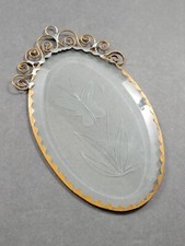Vintage Etched Butterfly Clear Glass Suncatcher Metal Trim Oval 7"x4"