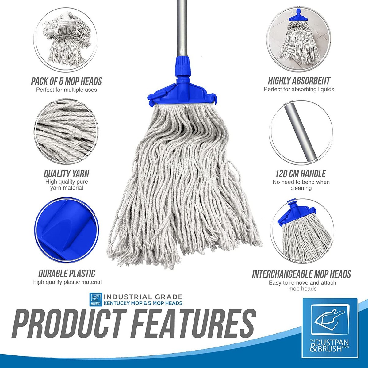 Pack Of 5 Kentucky Mop Heads - Commercial And Industrial Large Mop Head Replacement - Lay Flat Cotton Heads Replacement For Kentucky Cleaning Set - Super Absorbent, Easy To Attach