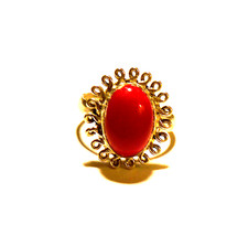 Coral Bohemian Southwestern Orange Oval Ring on Sterling Silver band, Size 9