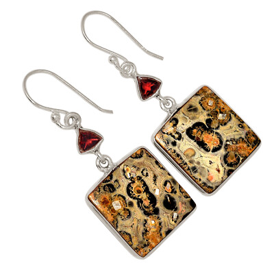 Natural Leopard Skin & Garnet 925 Sterling Silver Earrings Jewelry ALLE-16525