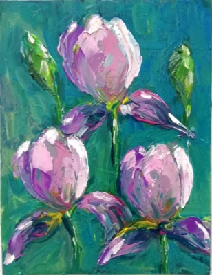 Lila Iris Blumen Abstrakt Ölgemälde. Ohne Rahmen.19x15 cm - Bild 1 von 4