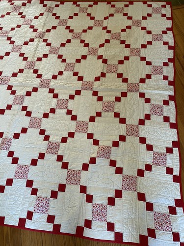 Fantastica Trapunta Vintage Blocco Nove Patch Cucita a Mano Casale Rosa Rosso 77" x 89" - Foto 4 di 21