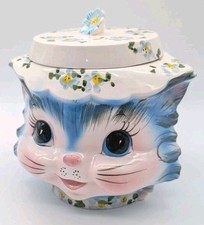 Vintage Lefton Miss Priss Cookie Jar Ceramic Blue Kitty Cat Japan #1502 with Lid