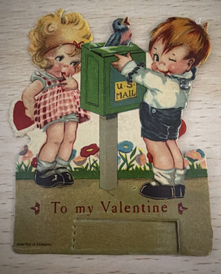 VTG Mechanical Valentine-Cute Little Boy & Girl, Bluebird, Mailbox-U.S. Mail